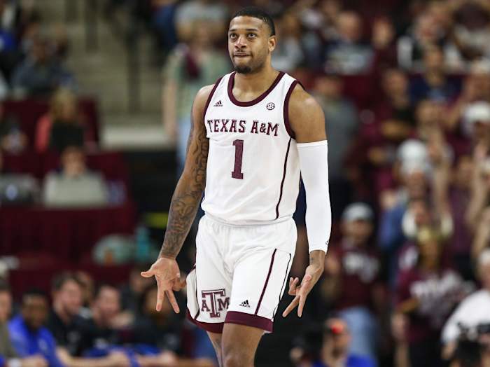 Texas A&M Aggies guard Savion Flagg (1) celebrates after scoring a basket during the first half against the Kentucky Wildcats at Reed Arena.